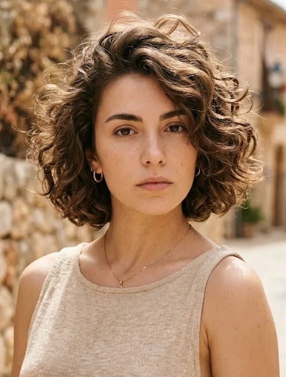 Chin Bob With Subtle Highlights And Curtain Bangs, Close-Up Take Chin Bob With Subtle Highlights And Curtain Bangs, Close-Up Take — Bob for Curly Hair