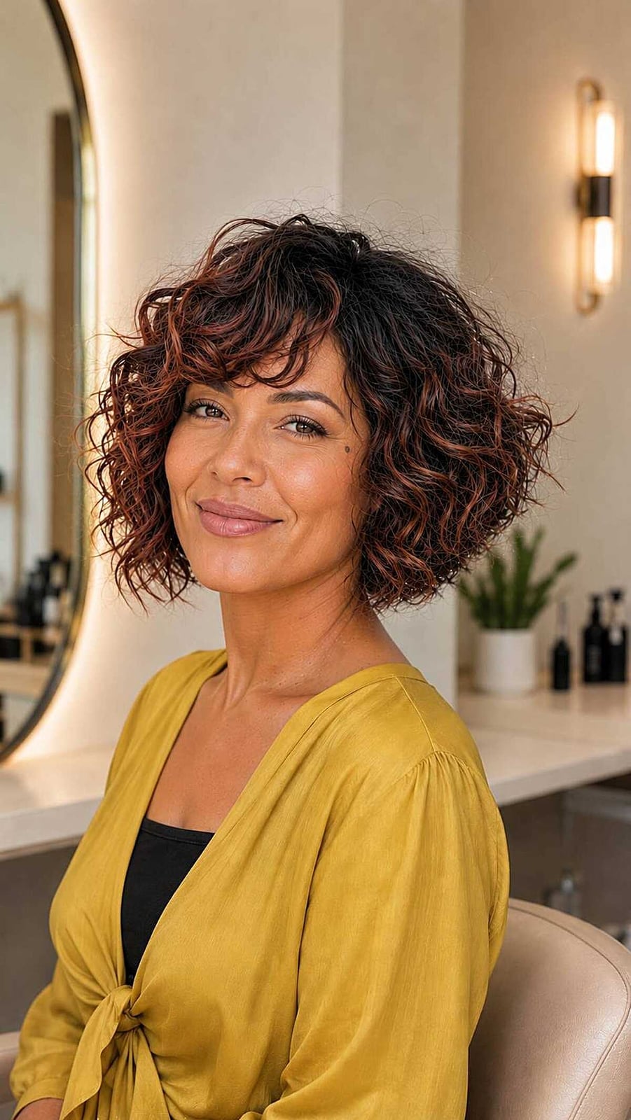 Chin Bob With Auburn Highlights And Curtain Bangs Chin Bob With Auburn Highlights And Curtain Bangs — Bob for Curly Hair