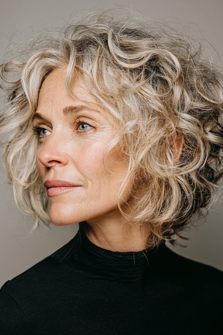 Collarbone Bob With Gray Highlights And Curtain Bangs, Side Collarbone Bob With Gray Highlights And Curtain Bangs, Side — Bob for Curly Hair