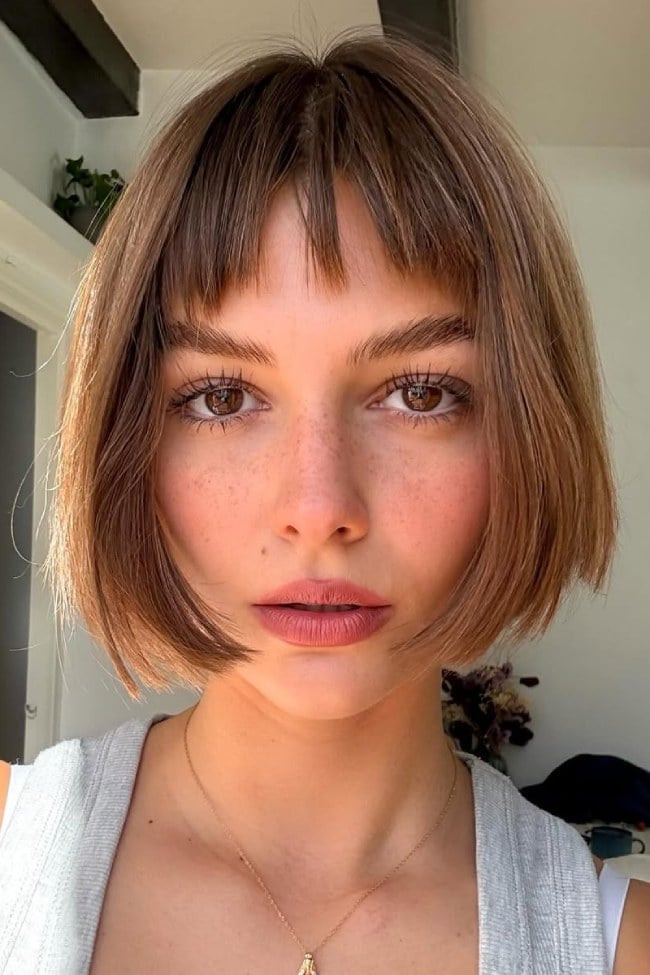 Caramel Brown French Bob Wispy Fringe — Bob for Fine Hair