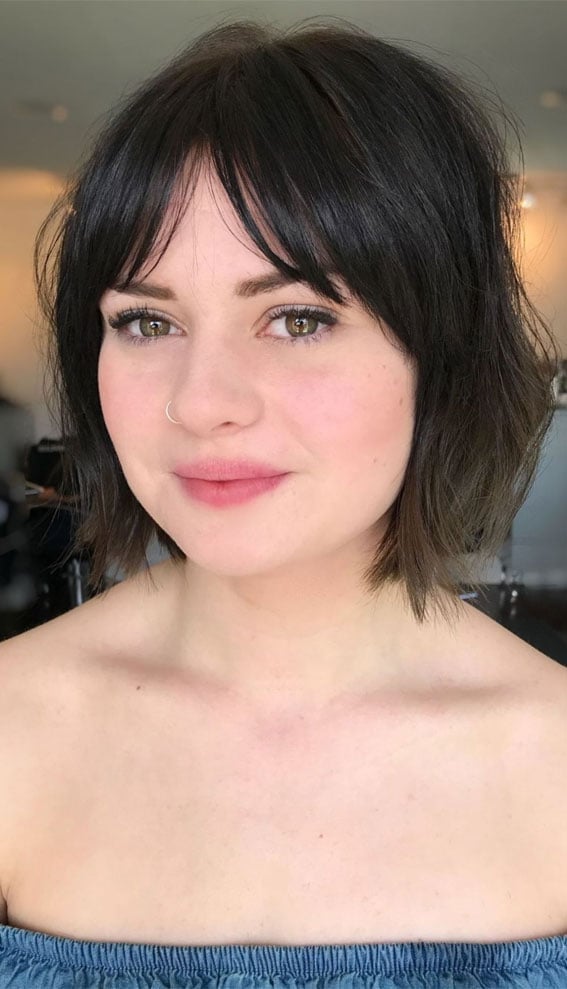 Chin Bob With Full Fringe Curtain Bangs — Bob for Round Face
