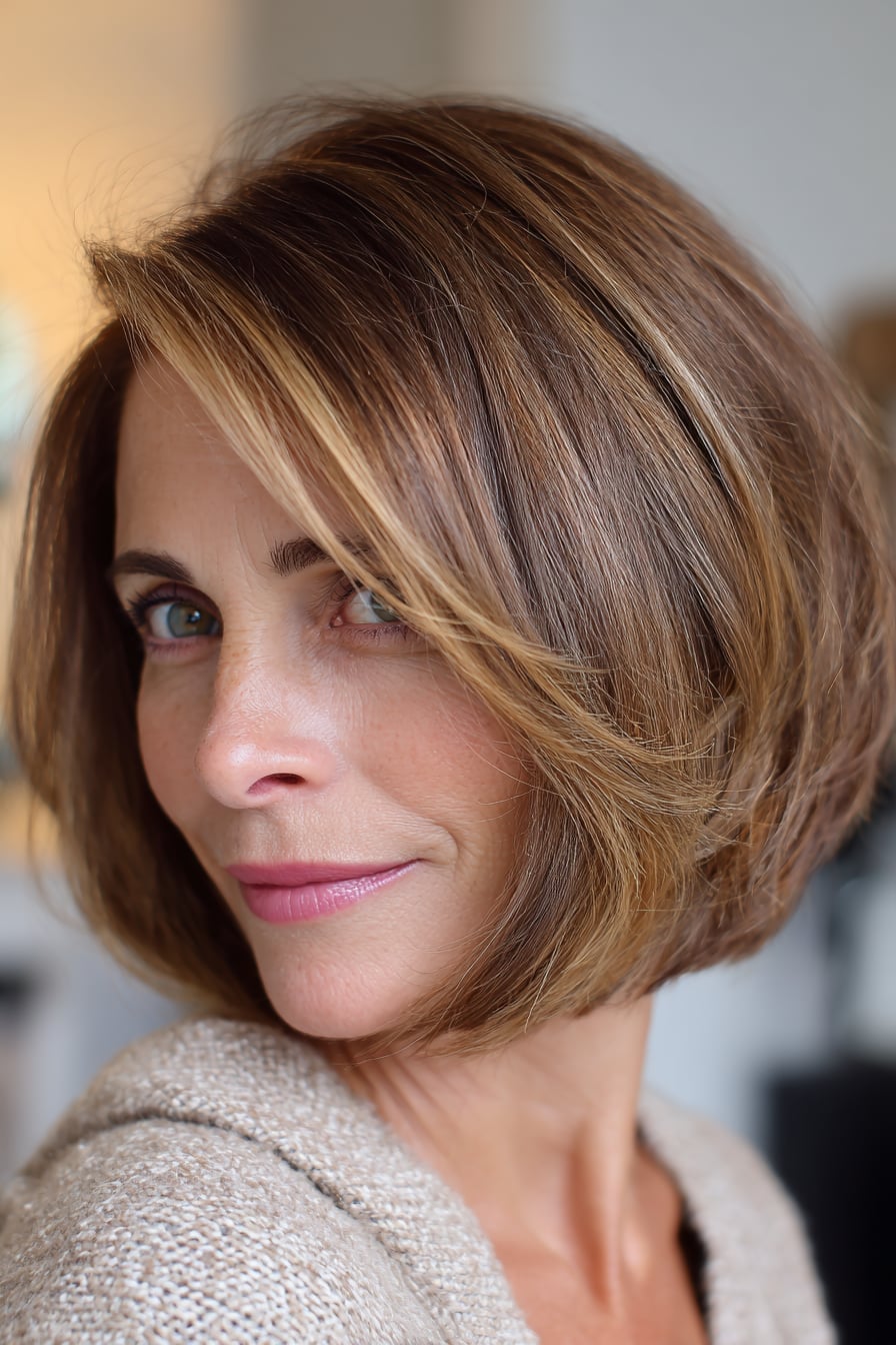 Collarbone Bob With Curtain Bangs, With A Glossy Finish — Bob for Round Face