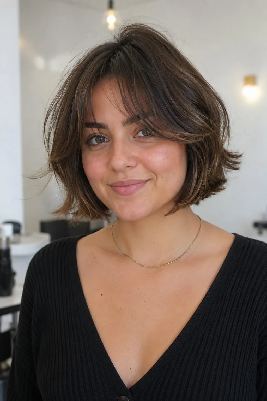 Textured Chin Bob With Soft Curtain Bangs, Wavy — Bob for Round Face