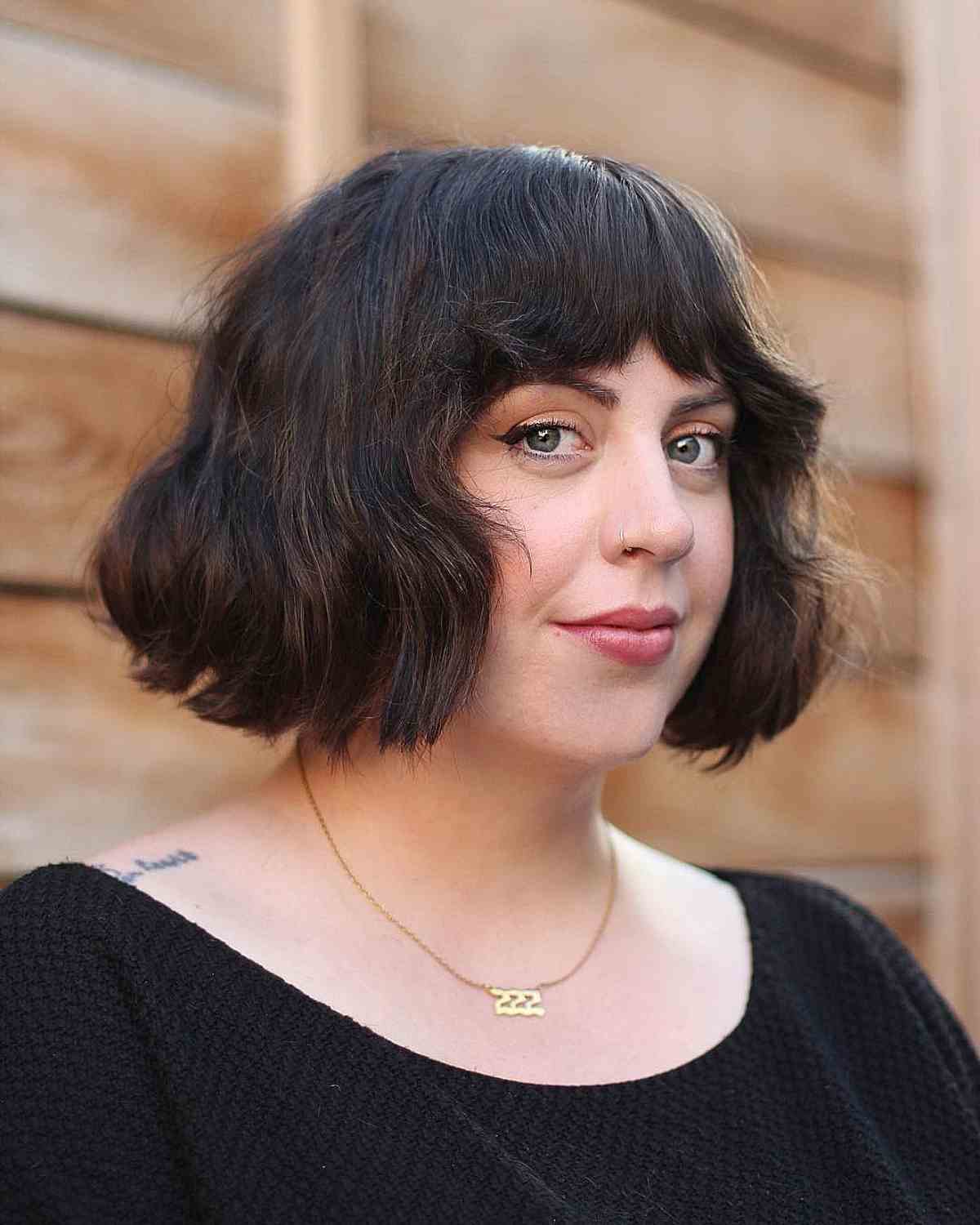 Chin Length Bob With Thick Wavy Texture — Bob for Round Face