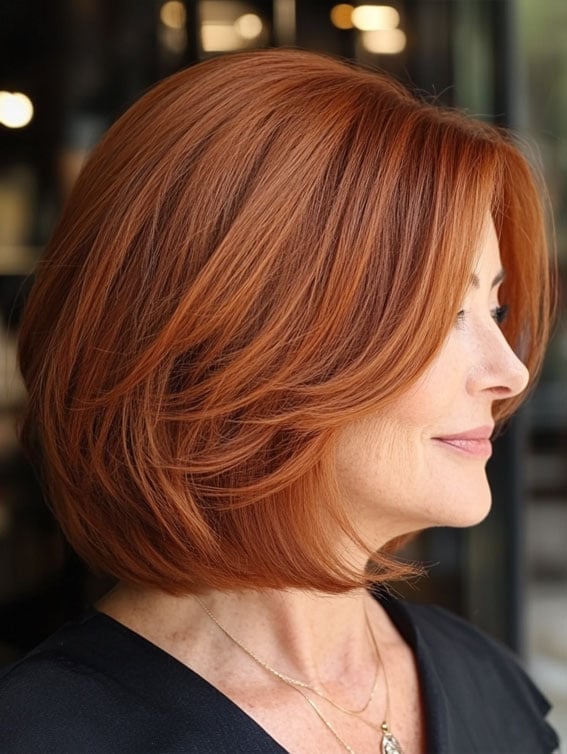 Chin Length Layered Bob With Auburn Highlights — Bob for Women Over 50