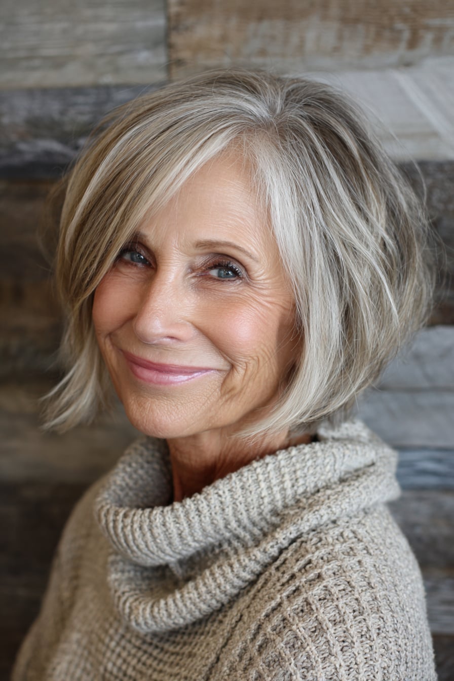 Angled Bob With Side Swept Bangs Blowout Angled Bob With Side Swept Bangs Blowout — Bob for Women Over 60