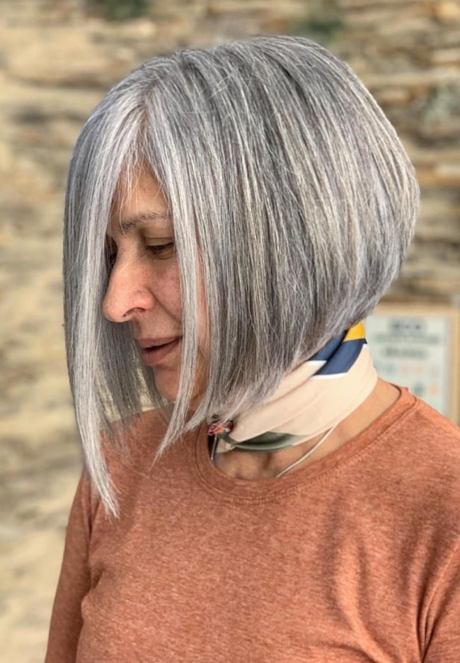 Collarbone Angled Bob Straight Gray Hair, Thick Gray Hair Collarbone Angled Bob Straight Gray Hair, Thick Gray Hair — Bob for Women Over 60
