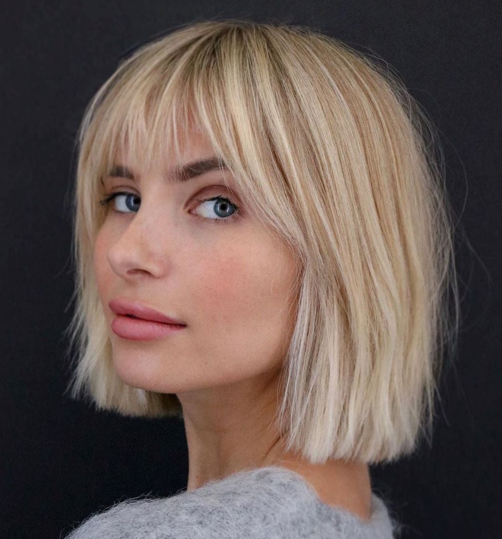 Cool Ash Blonde Bob With Blunt Bangs Cool Ash Blonde Bob With Blunt Bangs — Bob with Bangs
