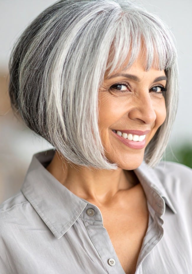 Gray Chin Length Bob With Soft Blunt Bangs Gray Chin Length Bob With Soft Blunt Bangs — Bob with Bangs