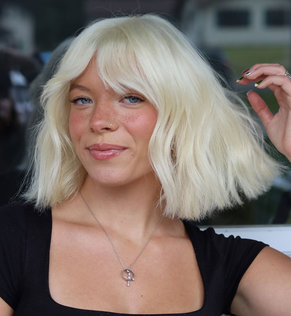 Platinum Blonde Chin Bob With Soft Bangs Platinum Blonde Chin Bob With Soft Bangs — Bob with Bangs