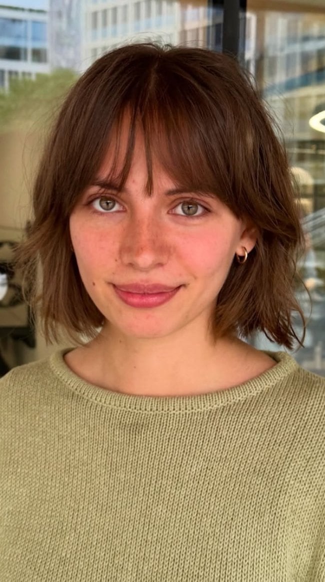 Chestnut French Bob With Wispy Bangs Chestnut French Bob With Wispy Bangs — Bob with Bangs