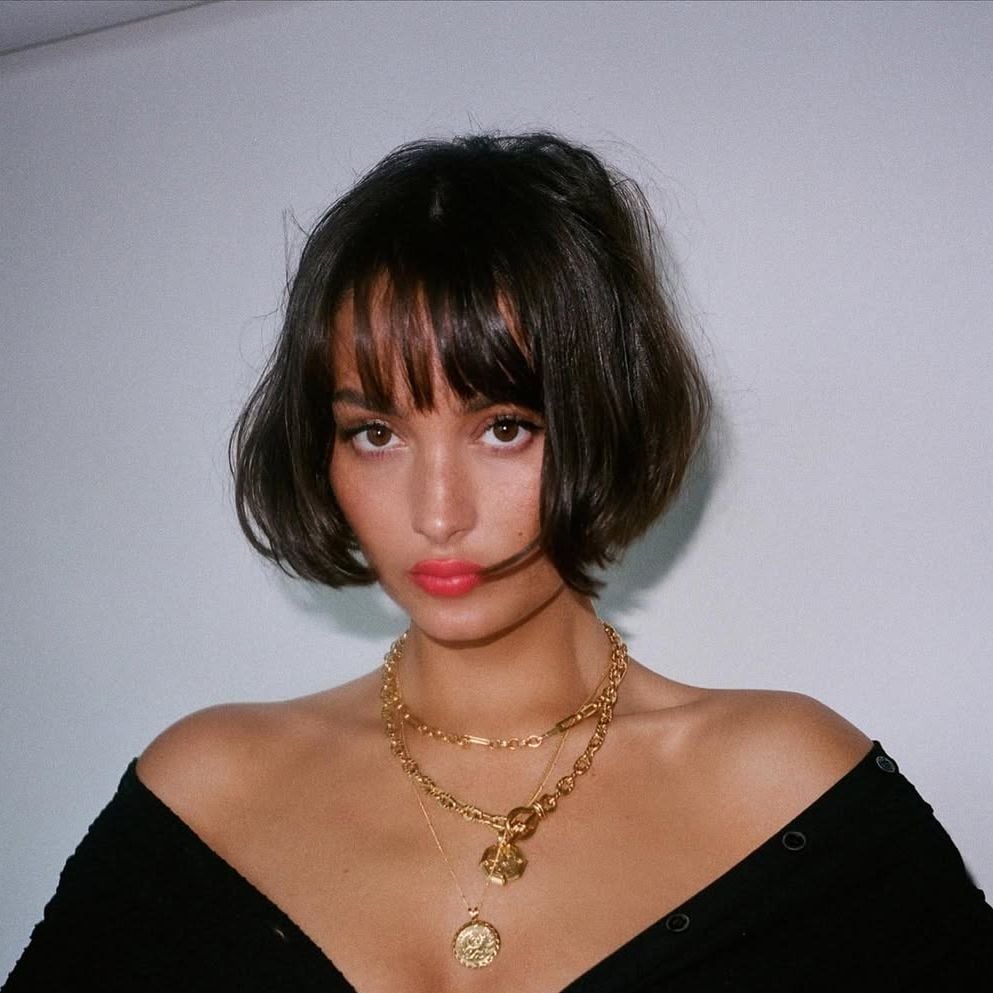 Dark Brown Blunt Bob With Curtain Bangs Dark Brown Blunt Bob With Curtain Bangs — Bob with Bangs