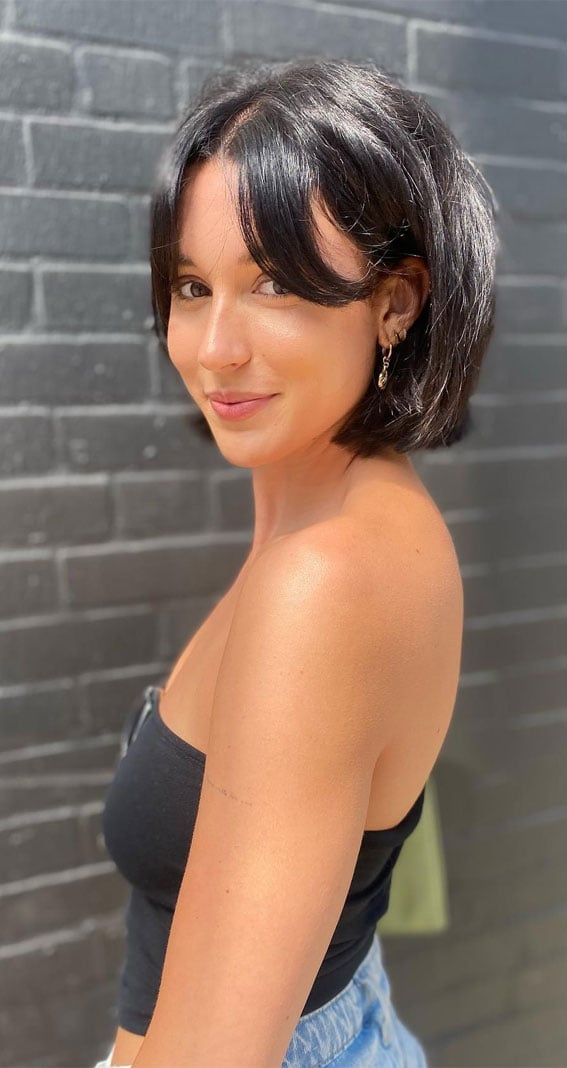 Glossy Dark Brown French Bob — Bob with Curtain Bangs