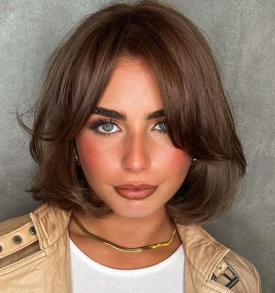 Dark Brown Bob With Soft Waves — Bob with Curtain Bangs