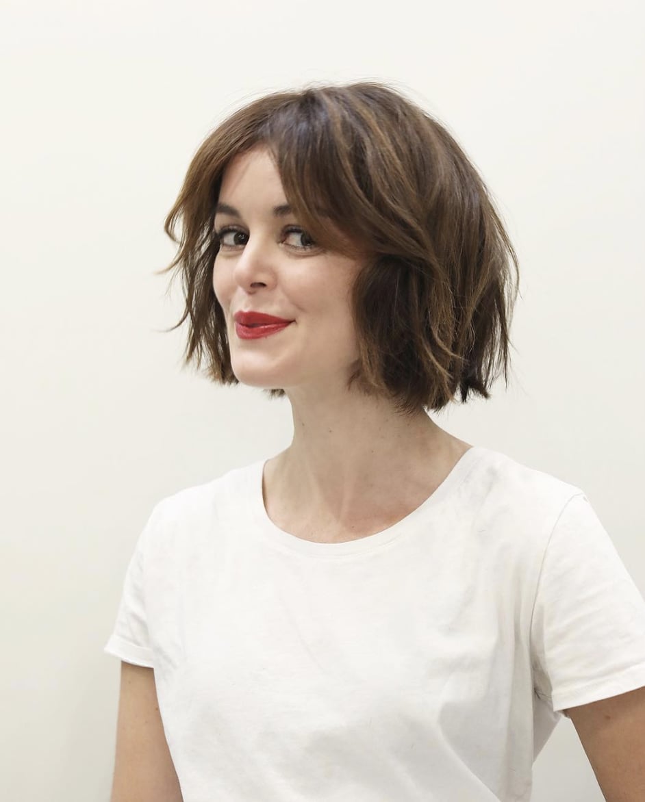 Chin Bob With Dark Brown Highlights, Wavy — Bob with Curtain Bangs