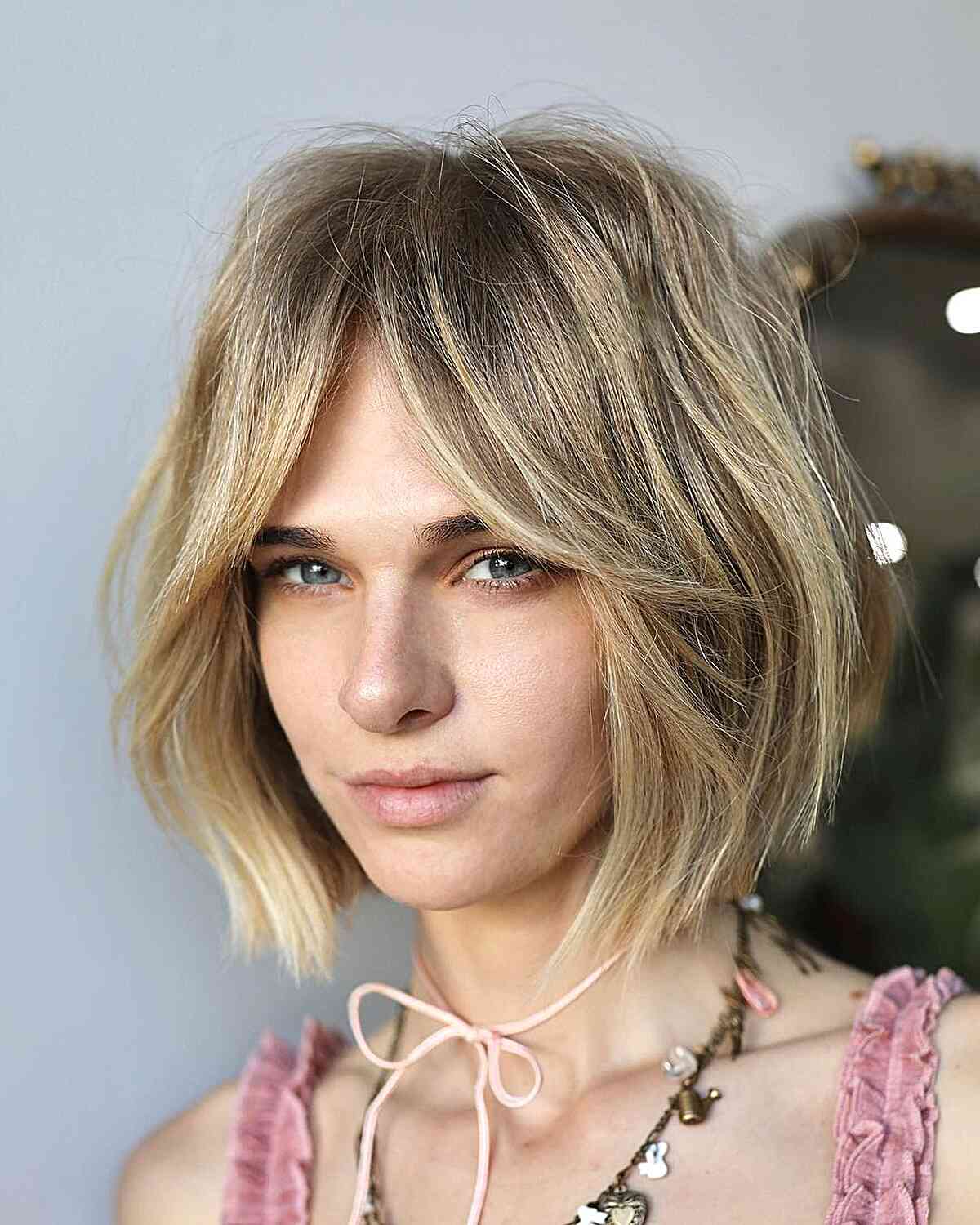 Layered Ash Blonde Bob With Balayage — Bob with Curtain Bangs