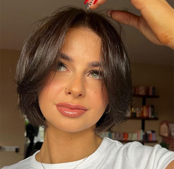 Espresso French Bob With Glossy Blowout — Bob with Curtain Bangs