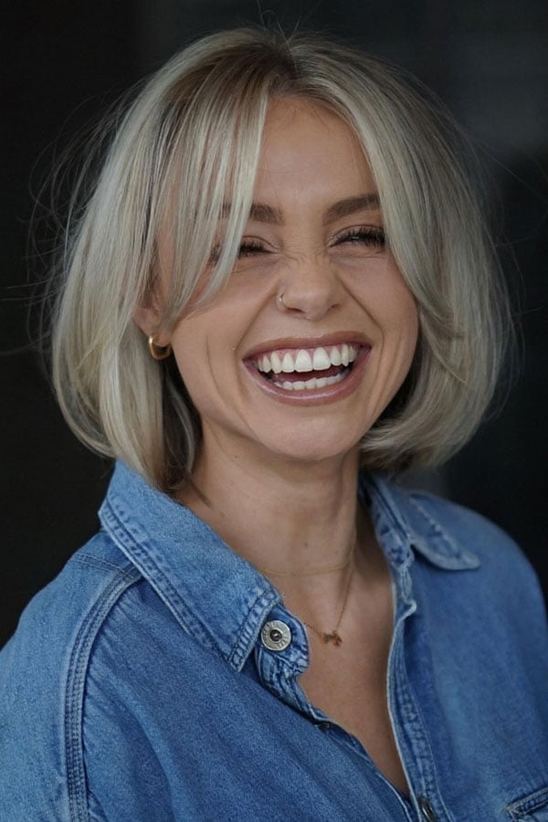 Platinum Blonde Bob With Soft Waves — Bob with Curtain Bangs