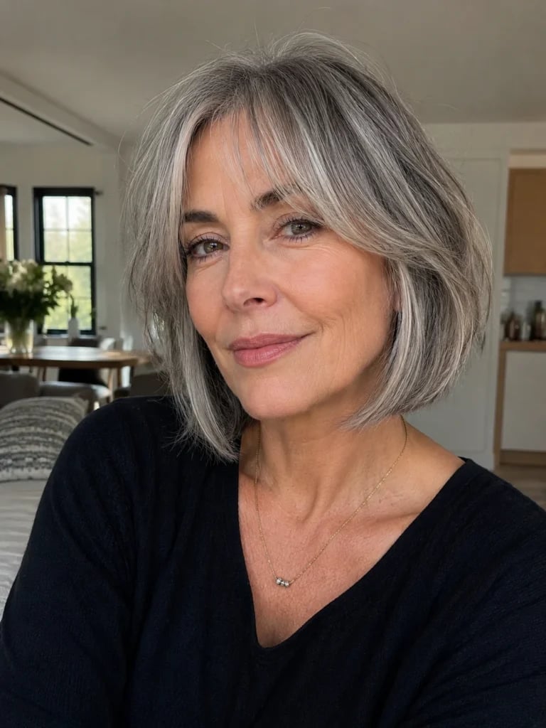 Gray French Bob With Smooth Blowout — Bob with Curtain Bangs