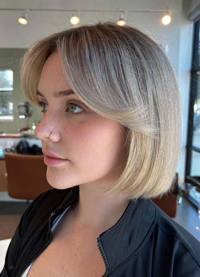Ash Blonde Blunt Bob With Wavy Curtain Bangs, Chin — Bob with Curtain Bangs