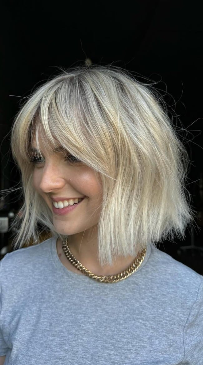 Ash Blonde Bob With Wavy Blowout — Bob with Curtain Bangs