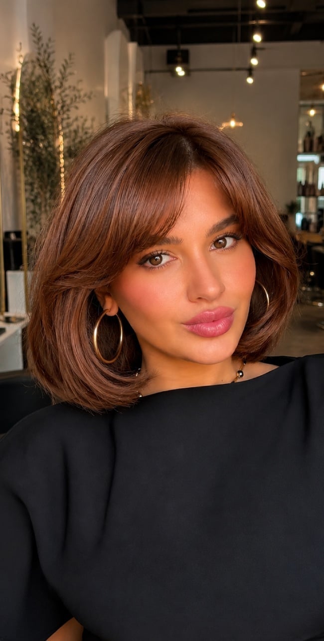 Cinnamon Chestnut Bob With Face-Framing Layers — Bob with Curtain Bangs