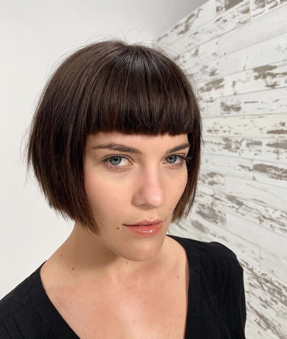 Dark Brown Box Bob With Blunt Bangs Dark Brown Box Bob With Blunt Bangs
