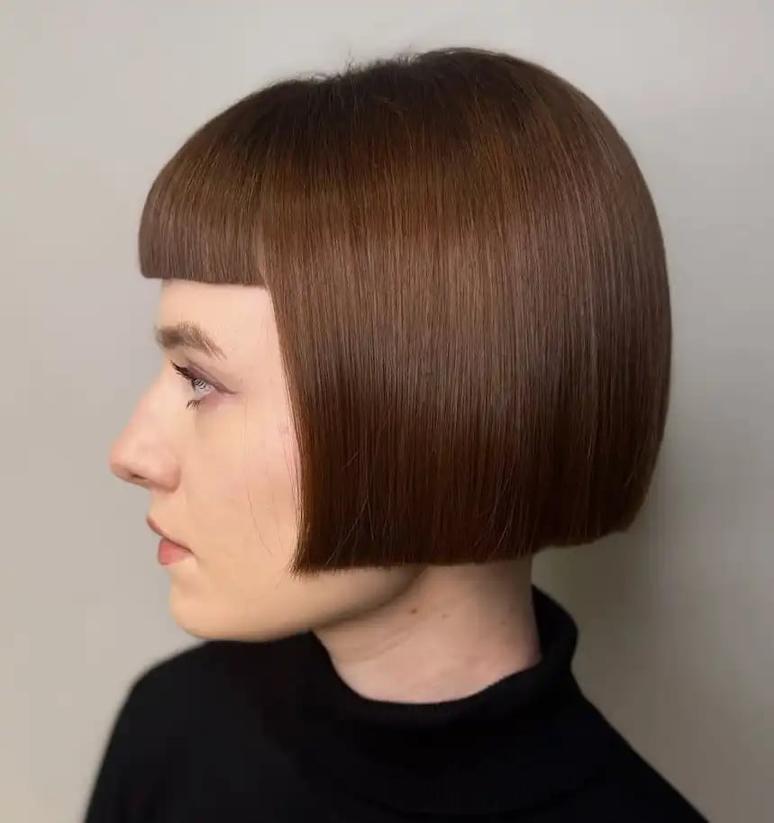 Medium Brown Box Bob With Micro Bangs Medium Brown Box Bob With Micro Bangs