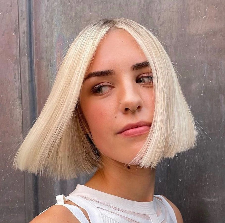 Chin Bob With Platinum Blonde and Blunt Cut Chin Bob With Platinum Blonde and Blunt Cut — Boyfriend Bob