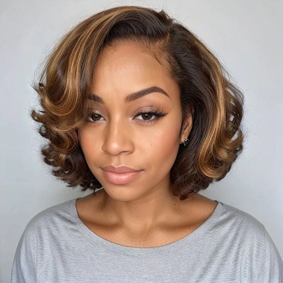 Collarbone Bob With Honey Highlights and Curls Collarbone Bob With Honey Highlights and Curls — Boyfriend Bob