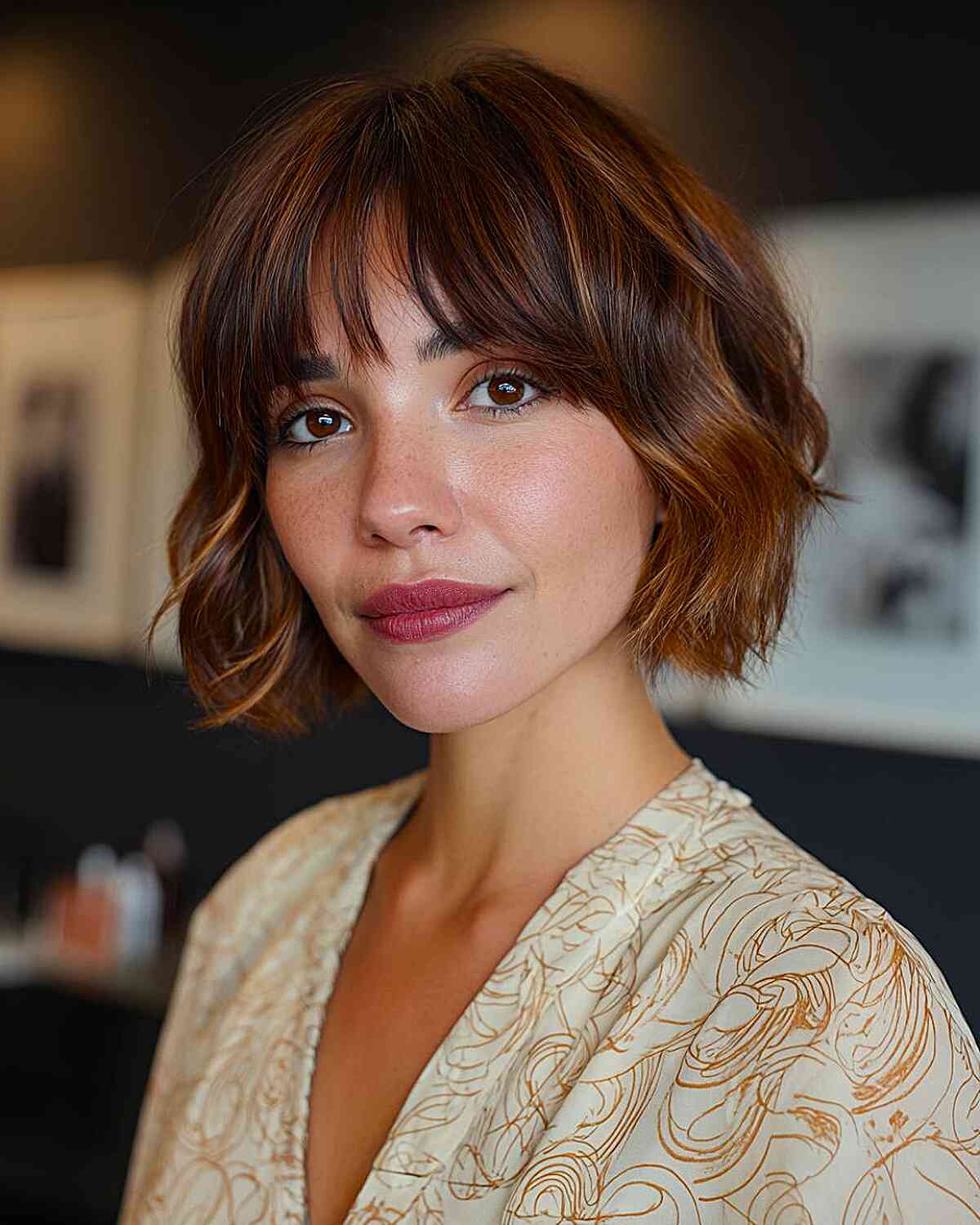 Chin Bob With Full Bangs and Auburn Highlights Chin Bob With Full Bangs and Auburn Highlights — Boyfriend Bob
