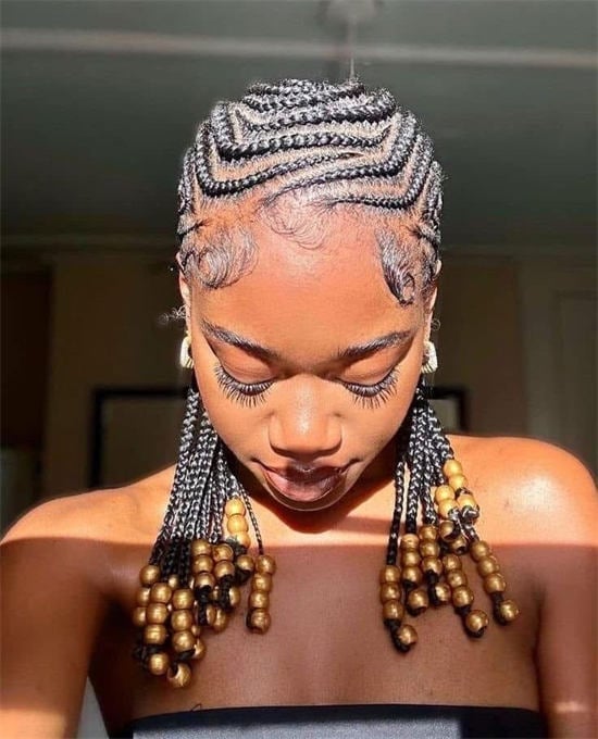 Shoulder Length Geometric Cornrows With Beads — Braids for Short Hair