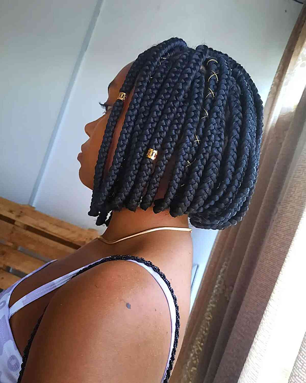 Chin Length Box Braids Bob With Gold Beads — Braids for Short Hair