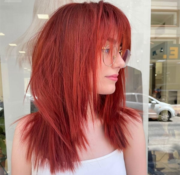 Bright Red Collarbone Shag With Choppy Bangs — Bright Red Hair