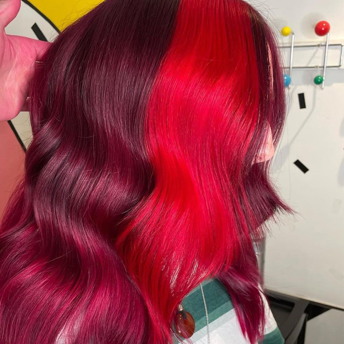 Deep Plum With Bright Red Panels Collarbone Waves — Bright Red Hair