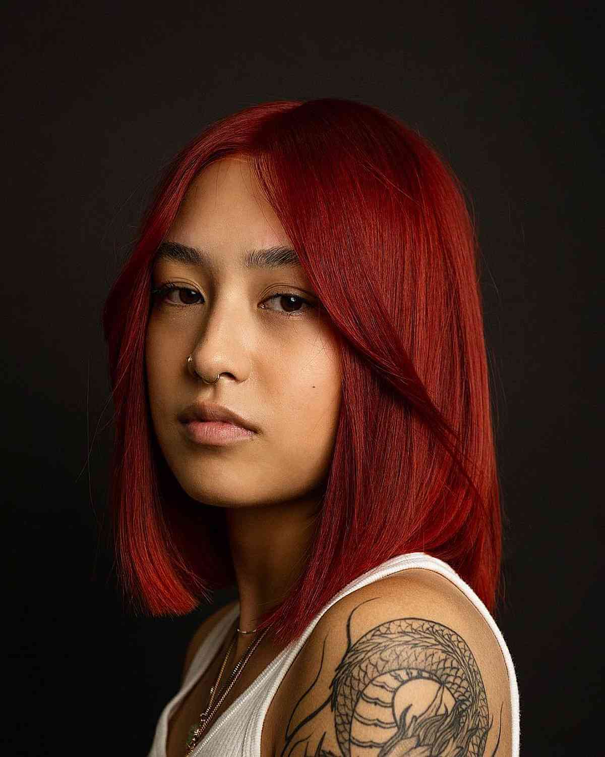 Bright Red Collarbone Bob With Curtain Bangs — Bright Red Hair