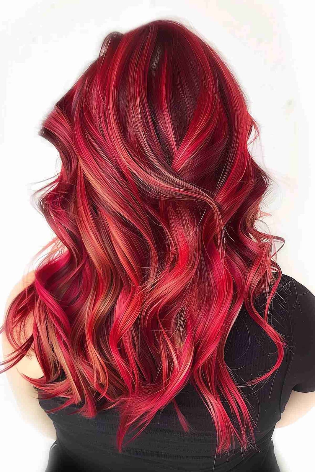Bright Red Base With Lighter Red Highlights Mid-Back Waves — Bright Red Hair