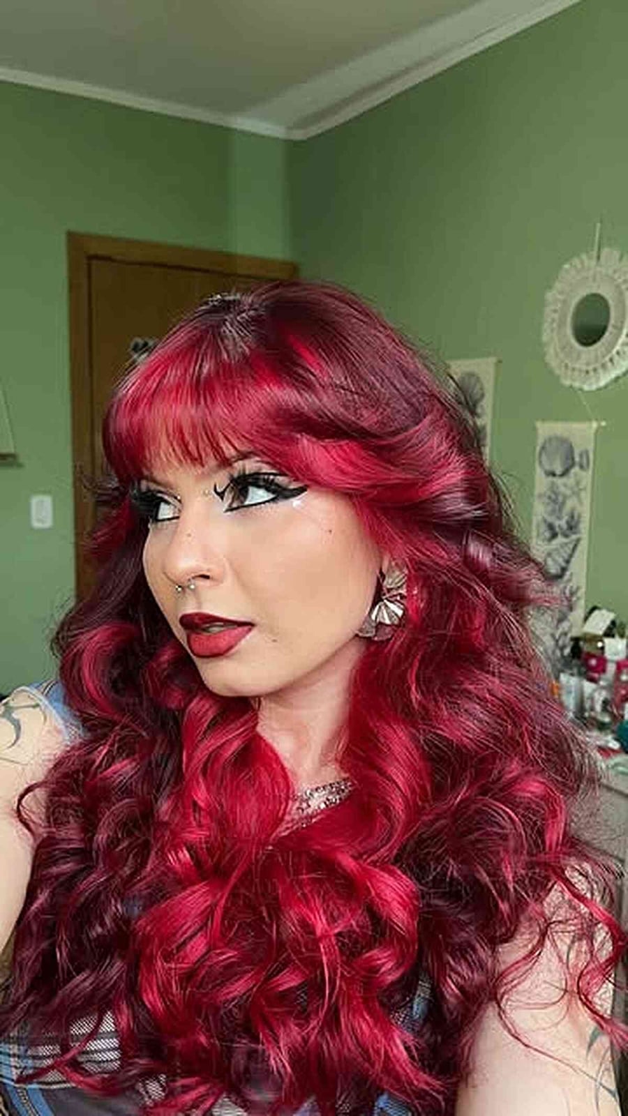 Bright Red Base With Blonde Highlights Mid-Back Waves, Curtain Bangs — Bright Red Hair