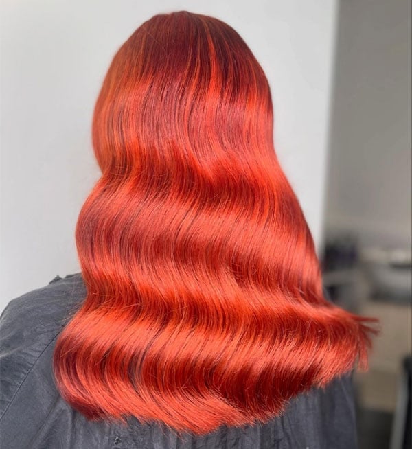 Bright Red Base With Lighter Red Highlights Mid-Back, Close-Up Take — Bright Red Hair