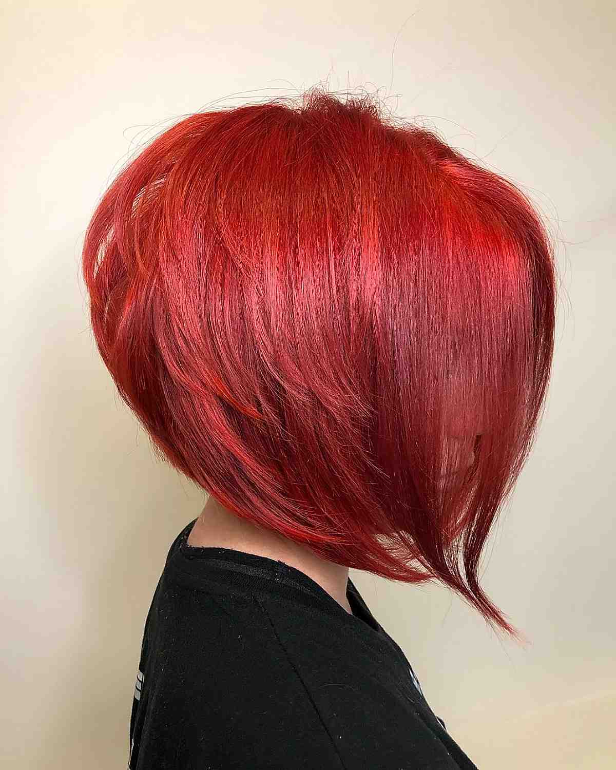 Bright Red Chin Length Stacked Bob — Bright Red Hair
