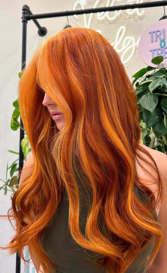 Vibrant Cherry Red Mid-Back Layers, Wavy — Bright Red Hair
