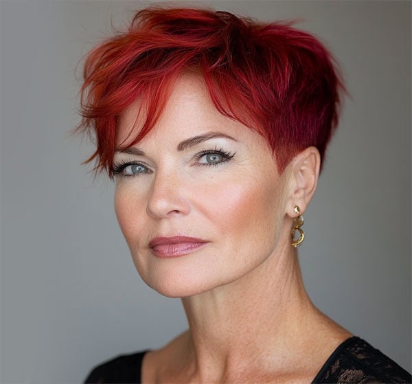 Vibrant Red Textured Pixie Cut — Bright Red Hair