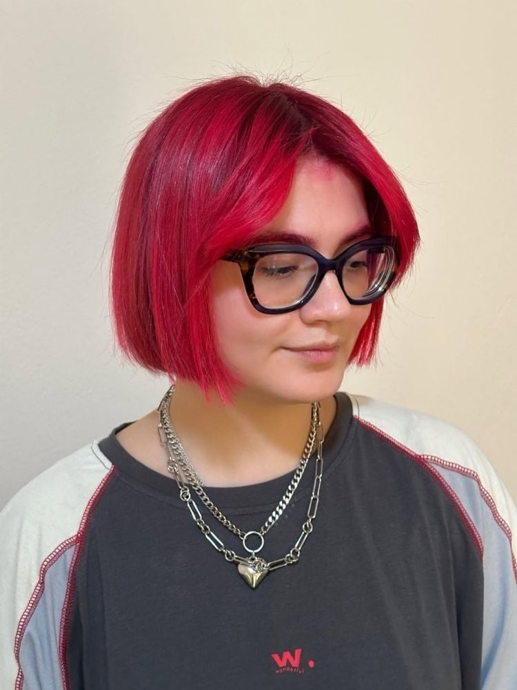 Vivid Magenta Red Bob With Blunt Bangs — Bright Red Hair