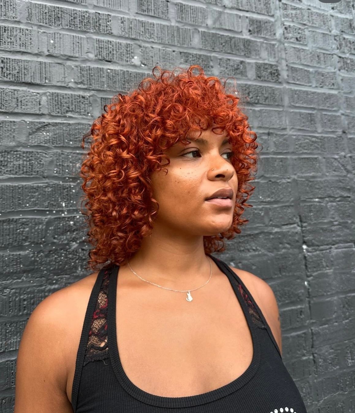 Bright Copper Red Curly Bob With Curtain Bangs — Bright Red Hair