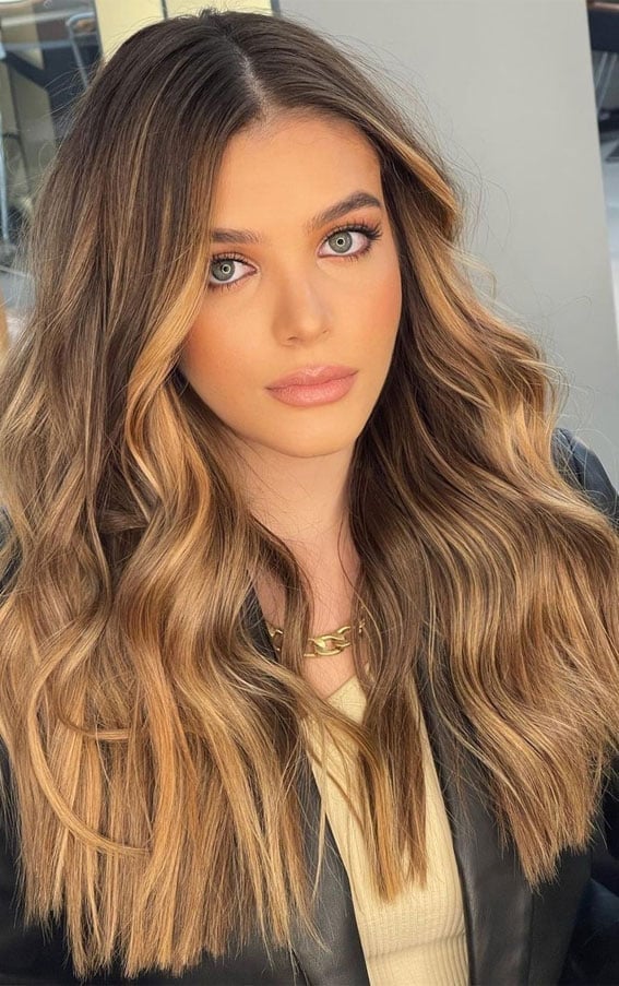 Dark Blonde Base With Lighter Blonde and Caramel Balayage, Mid-Back — Bronde Hair