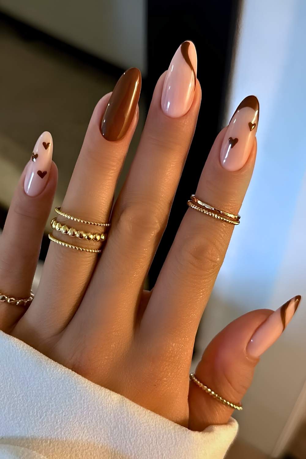 Glossy Light Pink Base Brown French Tip Heart Detail Nails — Brown Nails