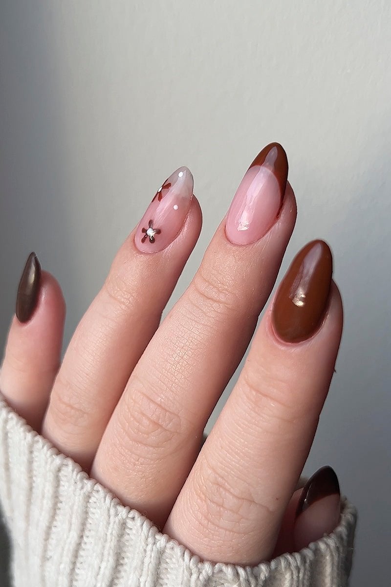 Glossy Brown French Tip Flower Detail Medium Oval Nails — Brown Nails