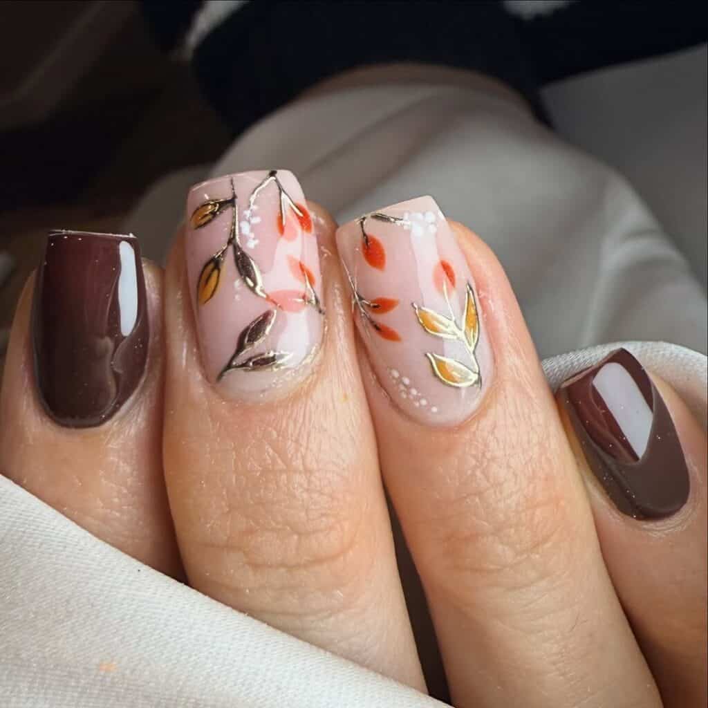 Glossy Deep Brown and Fall Leaf Art Short Nails — Brown Nails