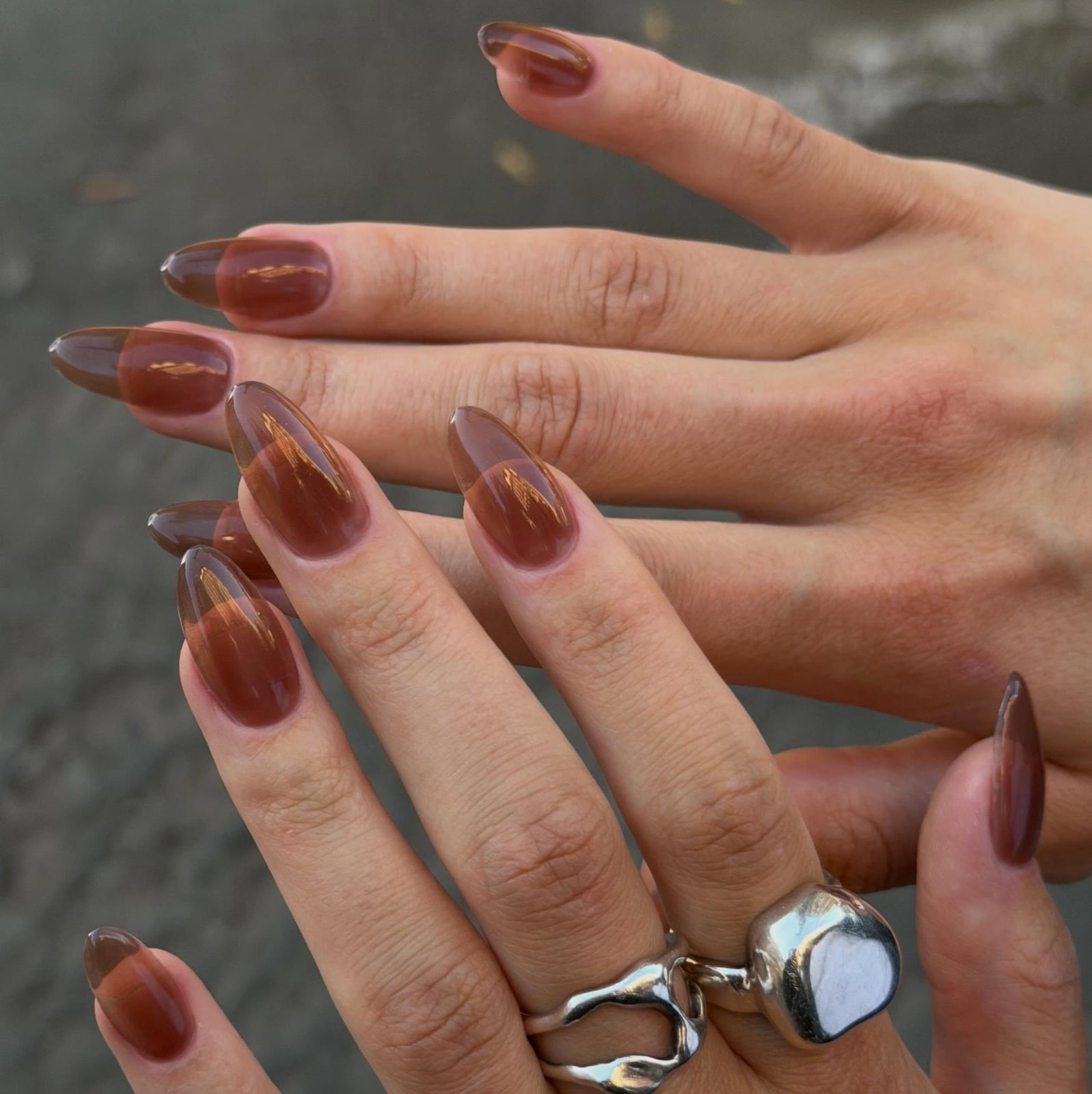 Glossy Dark Brown White Polka Dot Medium Almond Nails — Brown Nails
