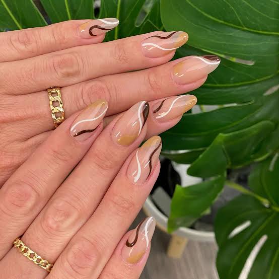 Glossy Sheer Nude Abstract Line Art Medium Almond Nails — Brown Nails
